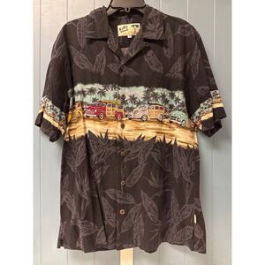 Koko Island Hawaiian Shirt Mens Medium Camp Collar Button Up Car Woodie Palm Vtg